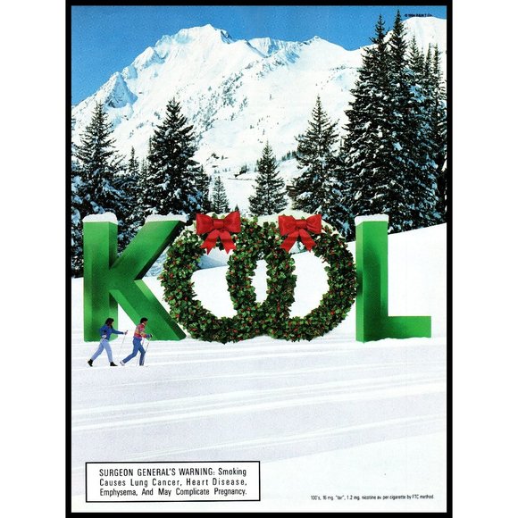 1995 Kool Cigarettes Vintage Print Ad Christmas Wreath Cross Country Skiing Art - Picture 1 of 1
